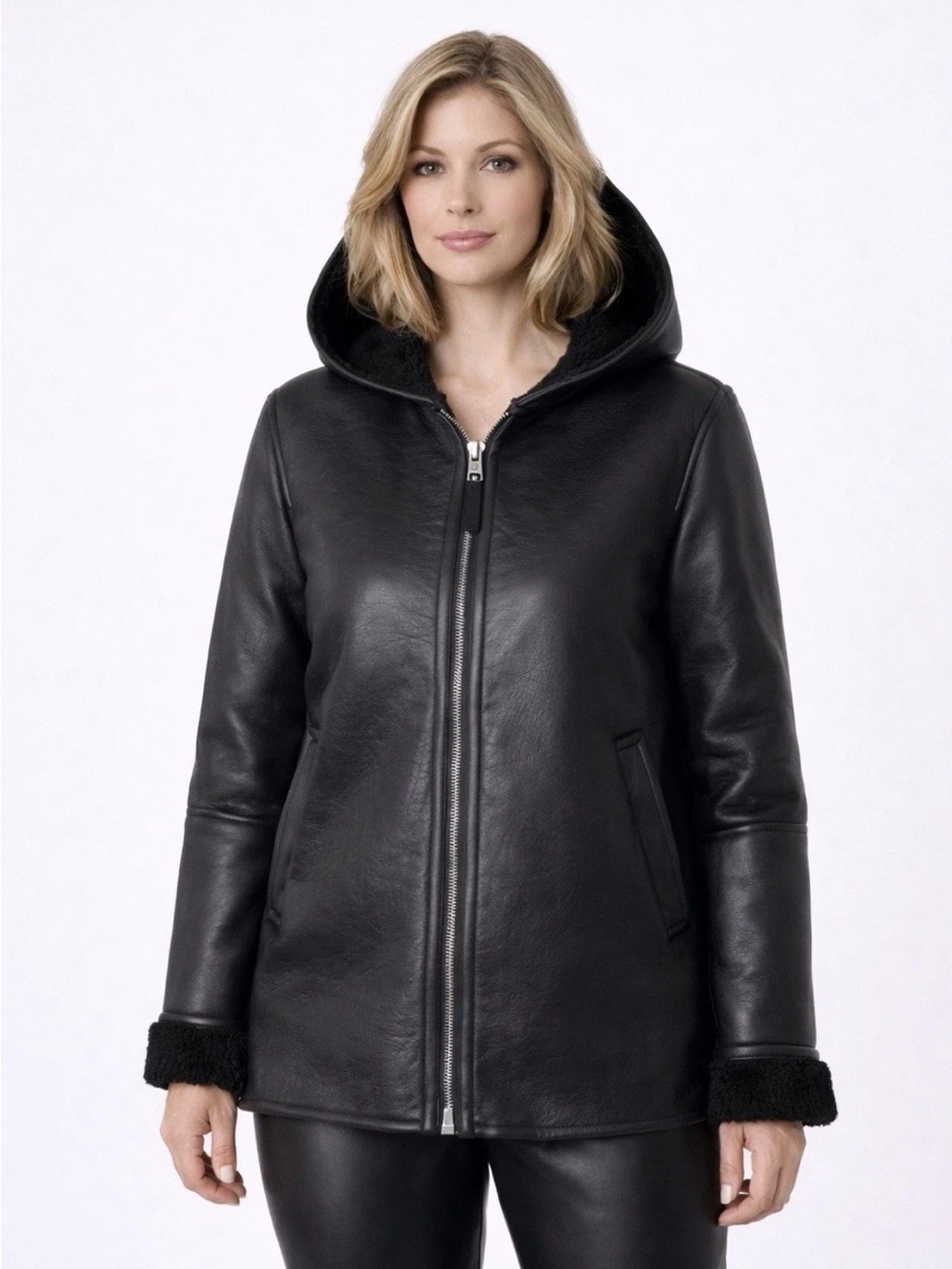BearPaw Black Hooded Faux Leather Shearling Zip Jacket Small NWT